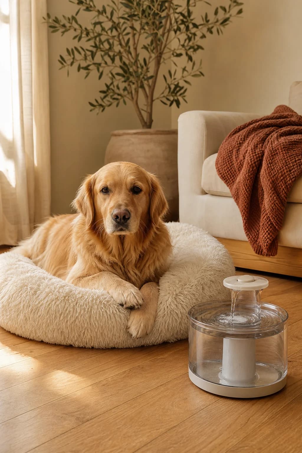 A dog resting on a cream calming bed beside a pet water fountain